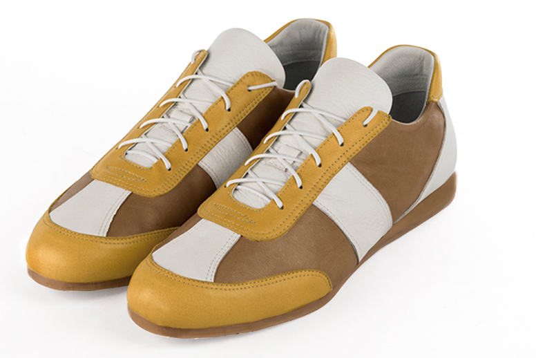 Mustard yellow, camel beige and off white three-tone dress sneakers for men. Round toe. Flat wedge soles - Florence KOOIJMAN